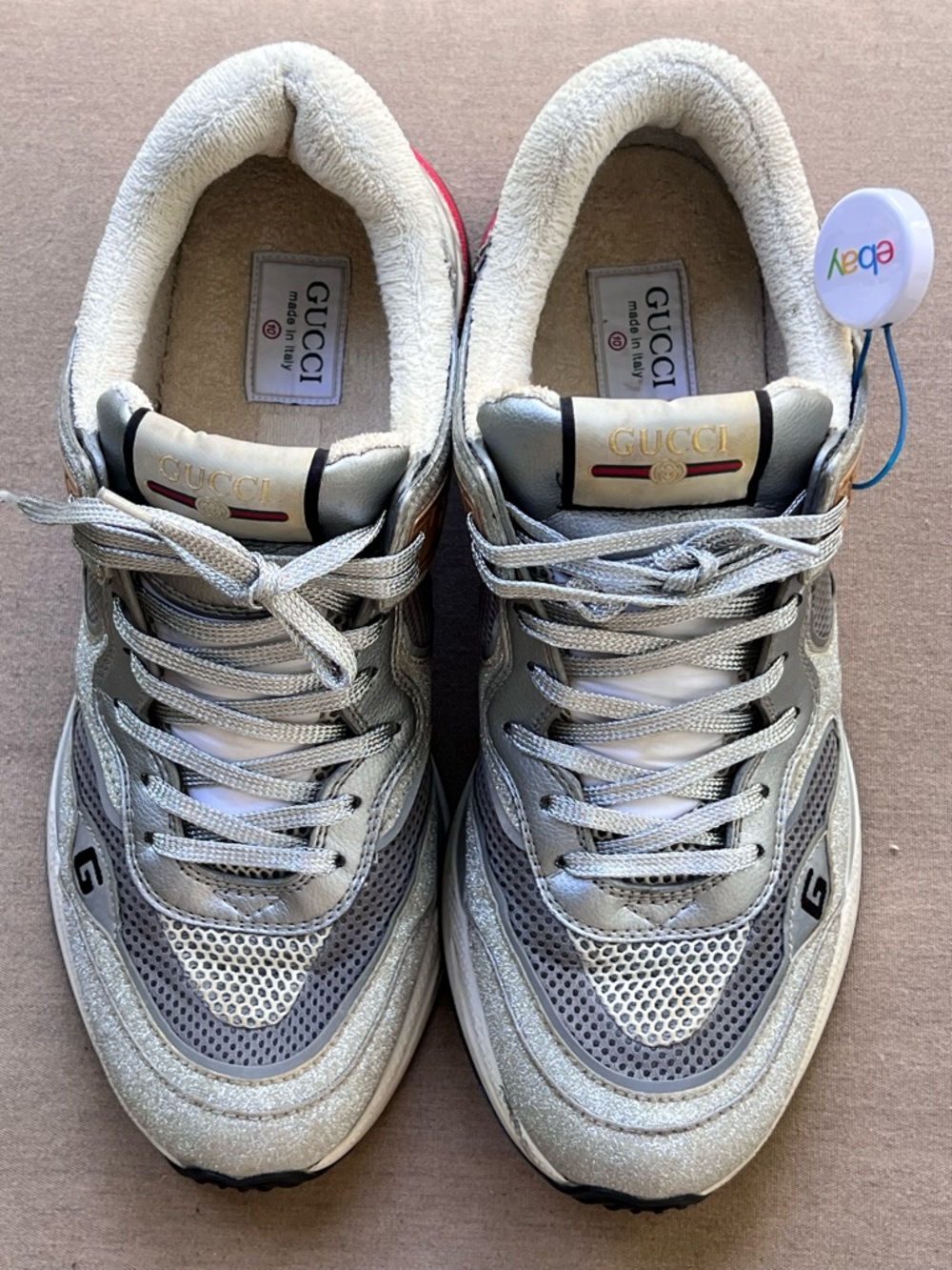Gucci Silver Glitter & Gray Athletic Sneakers with Gold Accents - Picture 3 of 10